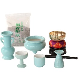Buddhist Altar Set, Celadon Plain Ceramic, 5 Pieces + Singing Bowl Set with Incense Burner Ash for Modern Mini Buddhist Altar