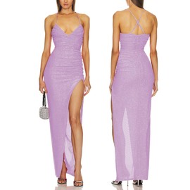 Capuffy Women's Spaghetti Straps Elegant Glitter V-Neck Cocktail Maxi Dress Thigh-High Slit Ruched Bodycon Evening Gown 315(Purple,XS)