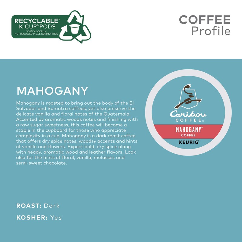Caribou Coffee Mahogany, Single-Serve Keurig K-Cup Pods, Dark Roast Coffee,