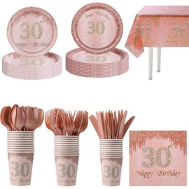 141PCS Party Rose Gold Supplies Paper Disposable plates Napkins Plastic Forks Knives Spoons Tablecloth Serve 20 Guests Dinnerware for 30th Birthday Party Decorations Wedding Graduation