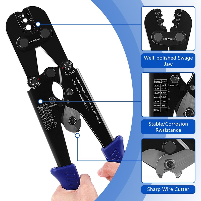 Knoweasy 2-in-1 Wire Rope Crimping and Cutting Tool, for 1/16-Inch