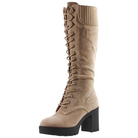 Generation Y Women's Knee High Boots Knitted Cuffs Lace Up Combat Platform Chunky High Heel Taupe Suede Size 5.5