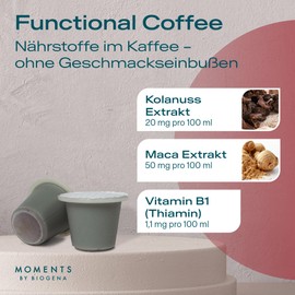 Moments by BIOGENA Functional good morning coffee capsules for energy boost in the morning, 10 capsules with Vit-B1, maca & kola nut extract, for standard capsule machines, biodegradable