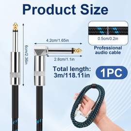 Guitar Cable 3 m 6.35 mm Jack Cable TS Instrument Cable with Right Angle Plug Compatible with Electric Guitar, Bass, Amplifier, Pedals, Keyboards, Microphone, Aux Cable for Professional Sound