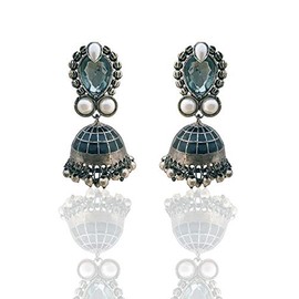 Moonstruck Traditional Indian Golden Minakari Jhumka Earrings With Stones And Pearls for Women, Metal