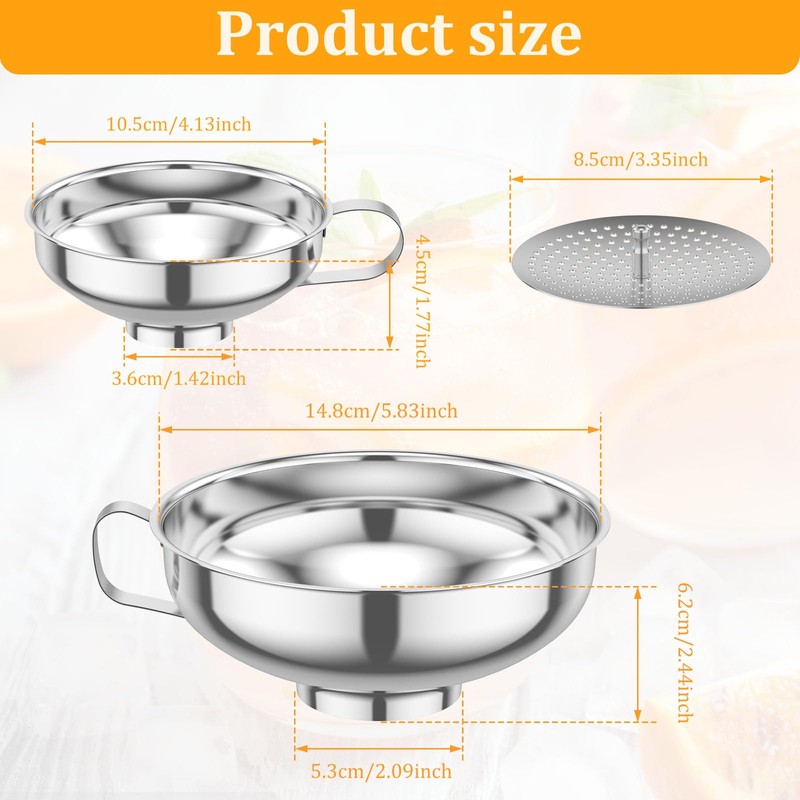 3 Pcs Canning Funnel with Strainer Stainless Steel Wide Mouth