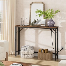 GarveeHome 5.9" Narrow Console Table with Power Outlets, Compact Sofa Table with Storage, Sleek Design for Living Room, Entryway, Hallway, and Foyer - (Rustic Brown)