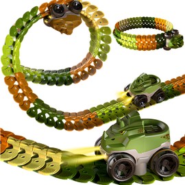 OBEST 92 PCS Dinosaur Toys Race Track,DIY Motor Car, Flexible Construction Train Tracks with 360 Loop and Auto Turntable Playset，Competitive Roller Coaster Learning Gift for Children