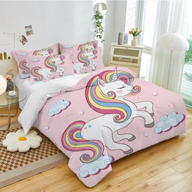 CIUNVXD 3-Piece Children's Pink Cartoon Unicorn Duvet Covers Set, Cute Unicorn, Rainbow Unicorn Duvet Cover for Boys Girls (B, 135 x 200 cm)