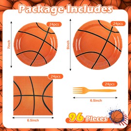 LASLU 96PCS Basketball Tableware Set Sport Party Disposable Plates Napkins Fork Birthday Party Decorations for Teenagers Kids Boys Team Party Serves 24 Guests(Basketball)
