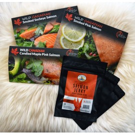 Smoked Salmon Christmas Food Gift Pack Featuring Wild Canadian Salmon and 3 Packs of Salmon Jerky | Food Gift Box (All Salmon Pack With Jerky)