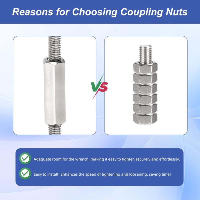 HiPicco Hex Coupling Nuts, 1/4-20 UNC 50mm/1.97" Length, 6 Pack