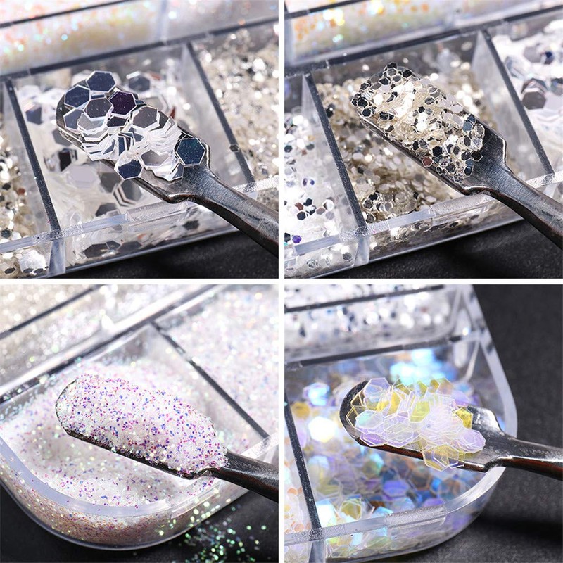 1 box 12 patterns silver holo glitter nail parts nail