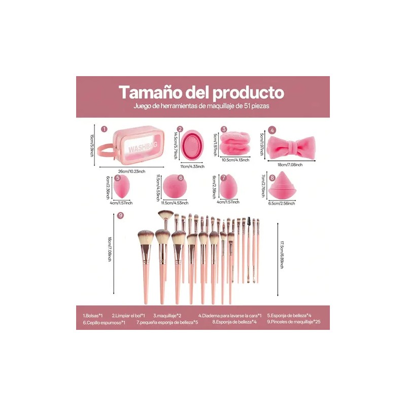 67pcs Brochas Maquillaje Profesional Esponjas Neceseres Rosa