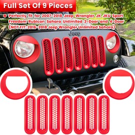 Front Grille Mesh Inserts & Headlight Cover for Jeep Wrangler JK JKU Sport Freedom Rubicon Sahara Unlimited 2007-2018 Exterior Accessories Clip-in Grille Guard Headlight Bezels Trim (Matte Red)