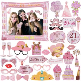 ORUZA 21st Birthday Photo Booth Props, 33 PCS 21st Funny DIY Birthday Party Props and Pink Gold Inflatable Selfie Frame, Birthday Party Decorations for Women Men