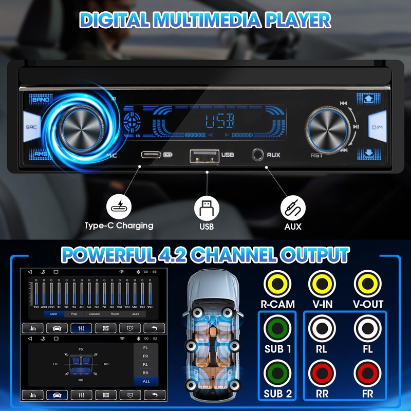 Single Din Flip-Out Touchscreen Radio: 7 Inch Wireless CarPlay Android
