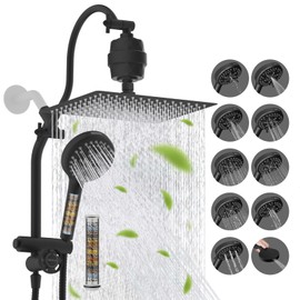Hibbent Dual Filter All Metal 12" Rainfall Showerhead Combo, High Pressure Filter Shower Head with 10-Spray Mode Handheld, 4-way Diverter with Pause Mode, 71'' Shower Hose and Holder, Matte Black