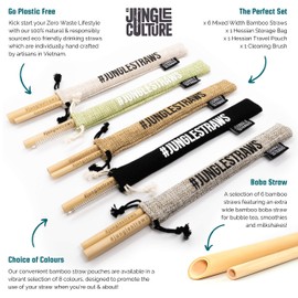 Jungle Culture Reusable Bamboo Drinking Straws | Pack of 6 Including Boba Straw, Storage Bag, Pouch & Cleaning Brush | Zero Waste Natural Straws | Eco Friendly & Organic | Plastic Free