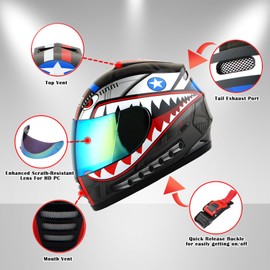 1Storm Youth Kids Motorcycle Full Face Helmet Street Bike BMX MX Shark Black + MG Youth Glove Bundle