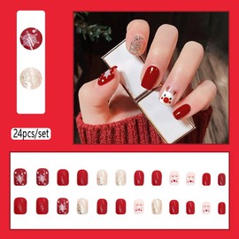 Carufin 24Pcs Christmas Tree Love Short Fake Nails Pearl Flowers Dog Rabbit Acrylic False Nails Press on Nails for Women Girls (D)