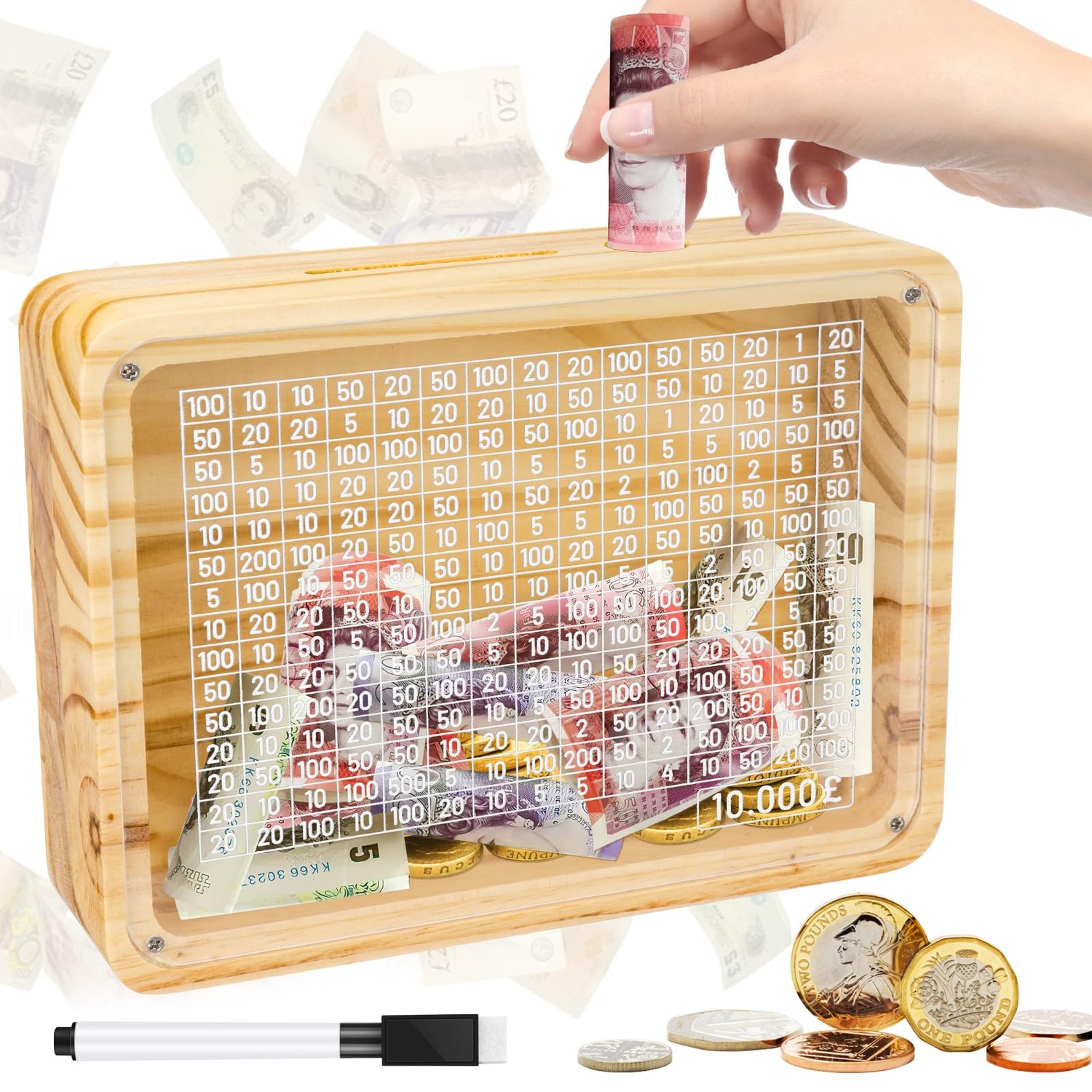 Meetory Wooden Money Box, 10000 Money Saving Box Clear Countdown Money ...