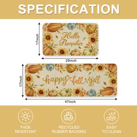 JarThenaAMCS 2Pcs Fall Kitchen Mats Pumpkin Sunflower Welcome Floor Mat Non-Slip Door Rugs for Autumn Harvest Thanksgiving Indoor Outdoor Bathroom, 17 x 29 Inch & 17 x 47 Inch