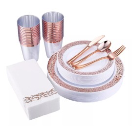 Berry Bloom Vajilla Desechables Elegantes, Set Platos De Plástico 175 Pz Color Rosa Oro Rosado Craquelado