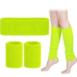 SATINIOR 80s Leg Warmer Workout Set Women 90s Costume Headband Wristbands Knit Outfit Yoga Sport Running(Fluorescent Yellow)