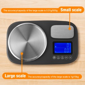 Miawtro Dual Platform Kitchen Scales Digital Scale with Dual LCD Displays, 1g/10kg & 0.1g/1kg Accuracy, Stainless Steel Weighing Bowls, Summing Function, 7 Units, Ideal for Cooking, Baking, Jewelry