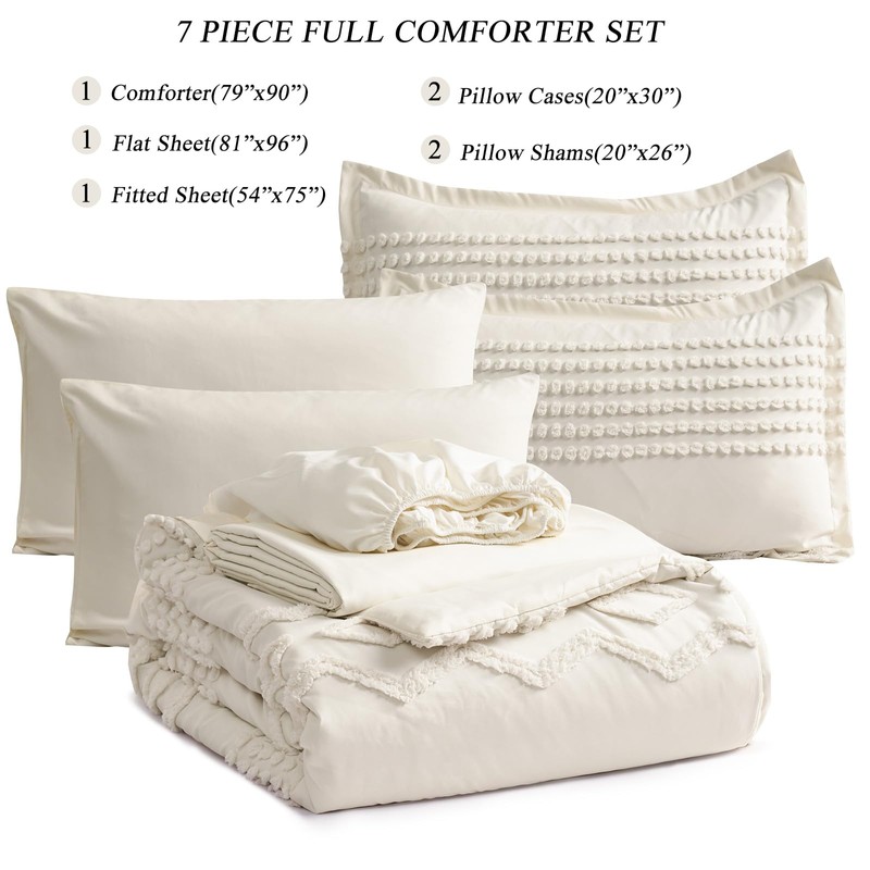 KAKIJUMN White Tufted Comforter Set Full Size 7 Piece Bed