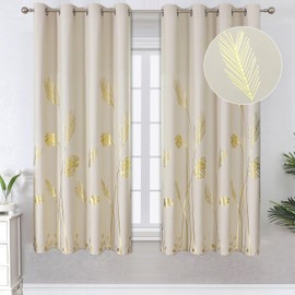 Estelar Textiler Tropical Leaves Window Curtains Grommet Gold Palm Tree Blackout Curtains Window Drapes for Living Room Bedroom, 52Wx63L, Cream Beige, 2 Panels