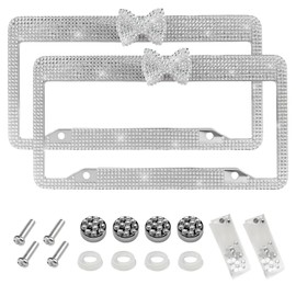 DXNQ 2 PCS Bling License Plate Frame, Handcrafted Rhinestone License Plate Frame with Ribbon Bow, Bling Stainless Steel License Plate Frame with Mounting Kit, Car Accessories (White+White)