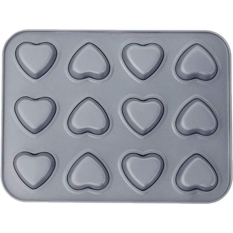 Fox Run Mini Heart Muffin Pan, 12-Cup, Preferred Non-Stick, Gray