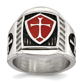 Bonyak Jewelry Stainless Steel Antiqued and Polished with Red Enamel Cross/Shield Ring in Stainless Steel in Size 11