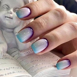 Press on Nails Short Square Fake Nails French Gradient False Nails Glossy Glue on Nails Squoval Acrylic Nails Blue Purple Gradient Full Cover Stick on Nails with Manicure Art for Women 24 Pcs