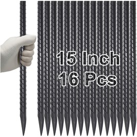 VVOKGO Rebar Stakes 15 Inches Ground Concrete Form Stakes (16pcs), 3/8" Diameter Straight Metal Spikes Heavy Duty with Chisel Point End, Steel Anchors for Fence, Concrete Timber, Garden Plants, Black