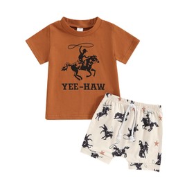 Dewadbow Western Baby Boy Clothes Vintage Yee Haw T Shirt Top Rodeo Shorts Set 2Pcs Toddler Boys Country Cowboy Outfit (YEE-HAW, 12-18 Months)