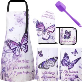 Hoolerry 6 Pcs Religious Purple Kitchen Apron Dish Towels Oven Mitts and Pot Holders Sets with Silicone Spatula for Women Wife Grandma Cooking Baking Gifts