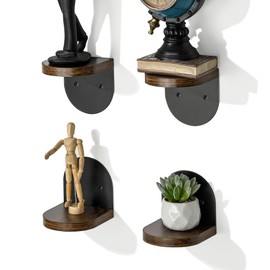 SAYAYO Small Floating Shelves for Wall Set of 4, Round Wooden Wall Shelves with Black Metal Brackets for Small Objects, Heavy Duty Rustic Decor for Bedroom, Living Room, 10x10cm