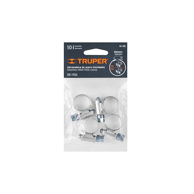Truper M-4B, Abrazadera de acero inoxidable 3/8" x 1/2", diámetro