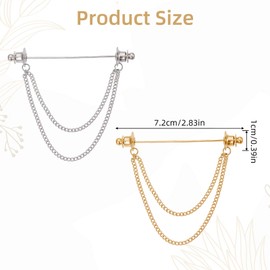 NICENEEDED 2 PCS 2.8" Shirt Chain Collar Bars, Classic Brass Shirt Collar Bar Tassel Brooch, Silver Gold Clip Clasp Lapel Stick for Men's Dress Shirts