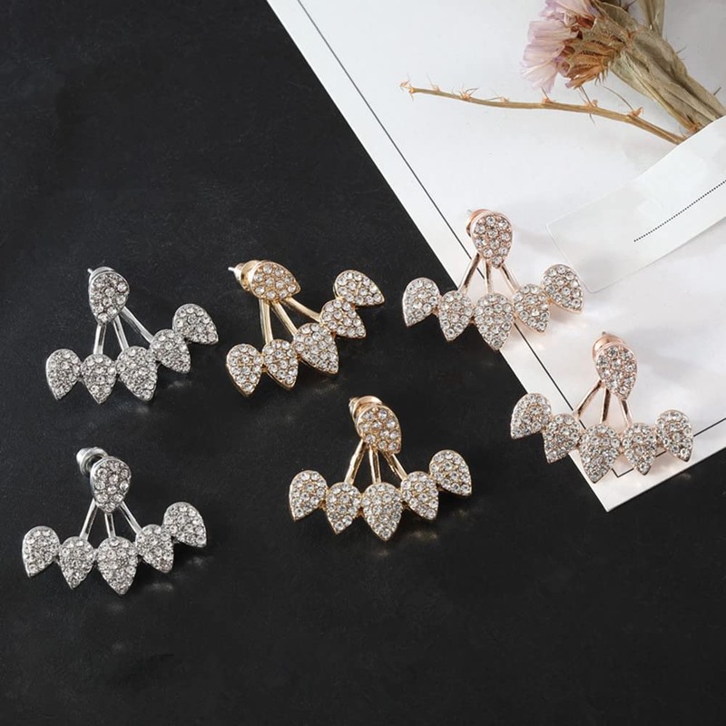 Jumwrit Ear Jacket Earrings Rhinestone Teardrop Stud Earrings Front Back