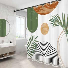 GiuMsi Boho Mid Century Leaf Shower Curtain Set,Arch Sun Design,Minimalistic Leaves Pattern,Waterproof and Luxurious Fabric-12 Hooks(Green-72" x 84")