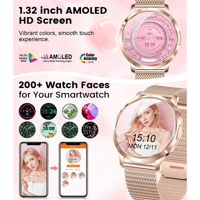 SUNKTA Thin Smart Watch for Women, 1.32" AMOLED Ladies Smart