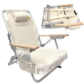 EASYGO PRODUCTS Tassel Backpack Beach Chair - 5 Positions and Cup Holder Pouch on Side - Padded Pillow - Storage Bag on Back - Lightweight Rustproof Aluminum - Black Frame, 1 Pack TAN