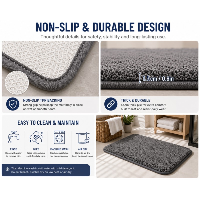 Light Grey Soft Polyester Floor Mat 40x60 cm - Non-Slip