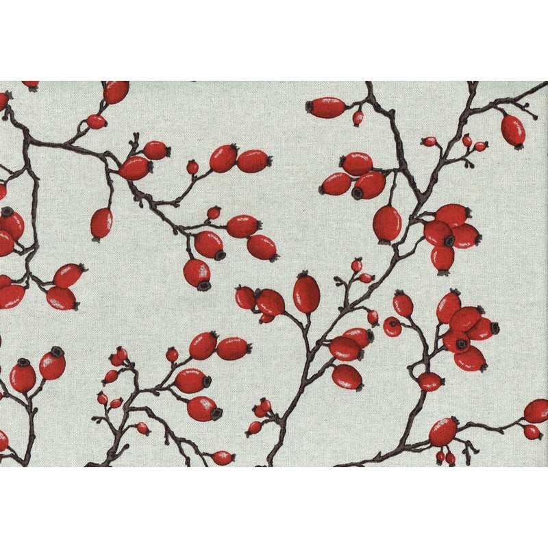 Rose Hips fabric - rich ruby red fruit on charcoal