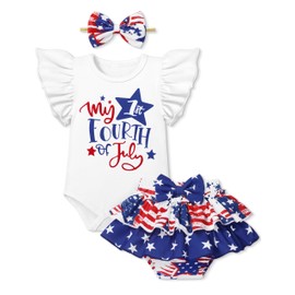 ADIFUN Baby Girl 4th of July Outfit 9-12 Months infant My 1st Fourth of July Baby Girl Outfit White Ruffled Short Sleeve Stars Stripes Skirt Pants Bandana 3Pcs Sets