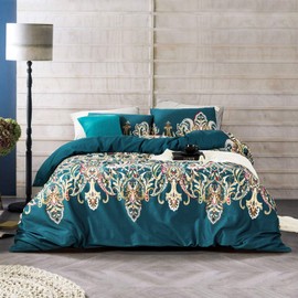 YuHeGuoJi 3 Pieces Duvet Cover Set 100% Egyptian Cotton Teal Queen Size Bohemian Paisley Print Bedding Set with Zipper Ties 1 Damask Duvet Cover 2 Pillowcases Hotel Quality Super Soft Lightweight